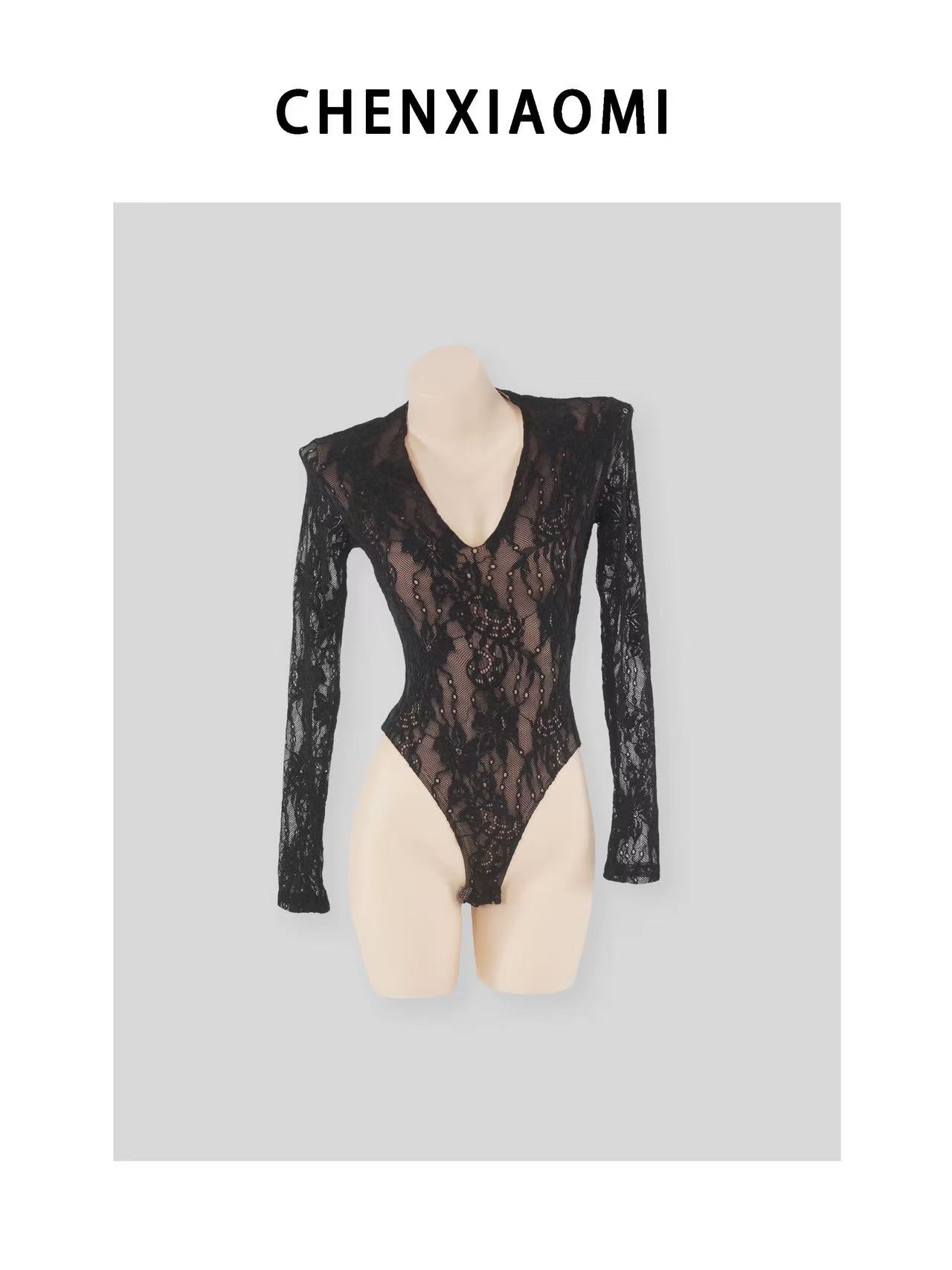 Night Goddess European and American Hot Girl Deep V Lace Bodycon Long Sleeve One-Piece Dress