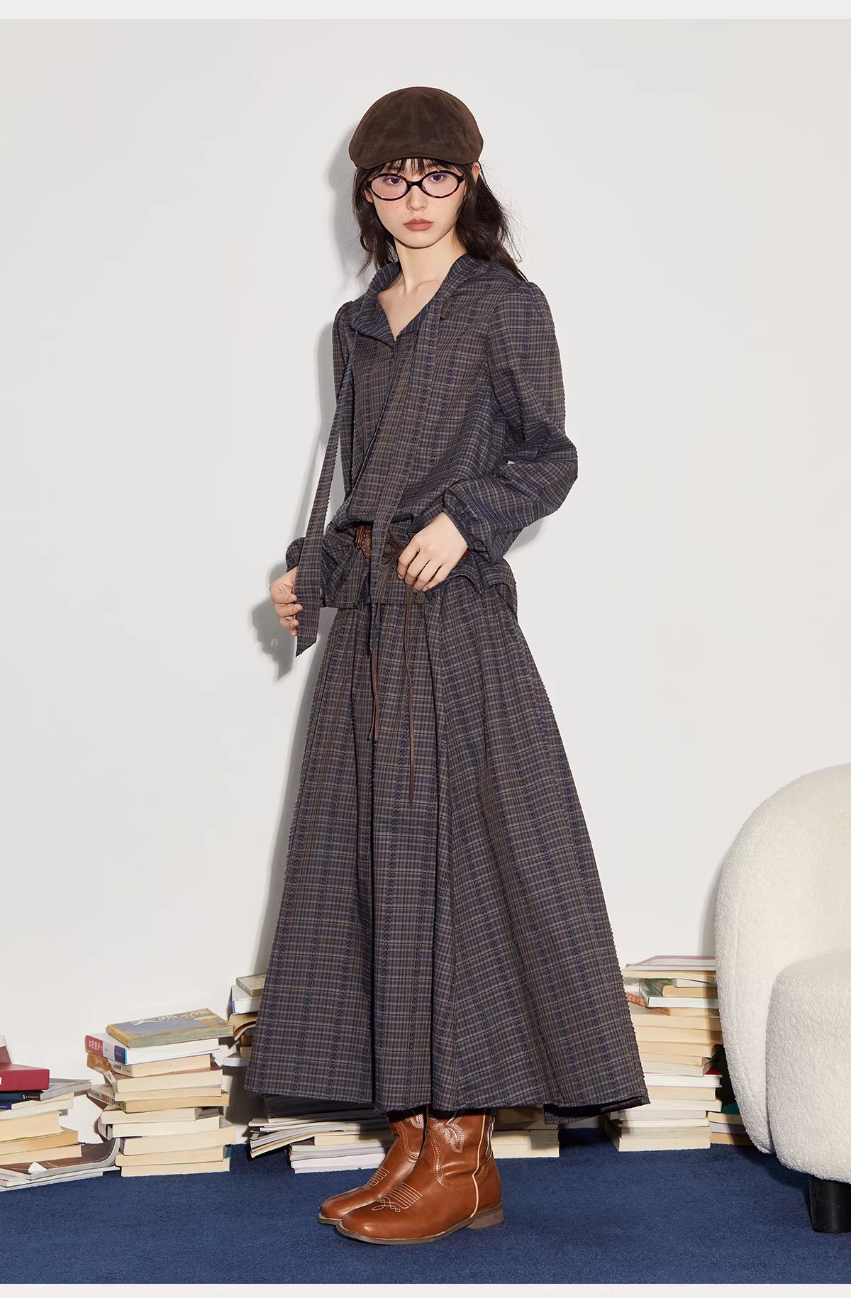 Plaid elegant ruffle-sleeved ribbon shirt and high-quality flared long skirt autumn outfit