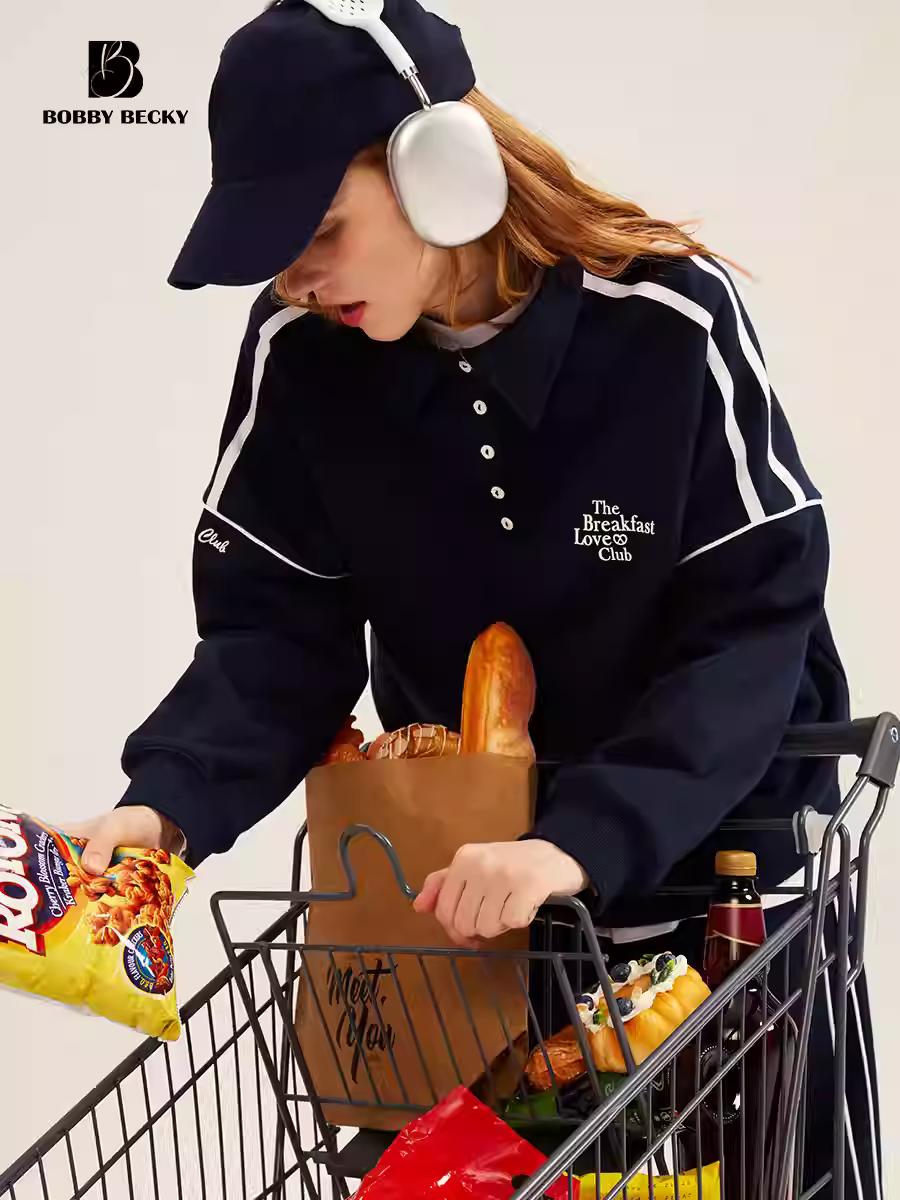 American Retro College Polo-neck Color-block Sweatshirt and Pants Women's Spring New Loose Fit Set