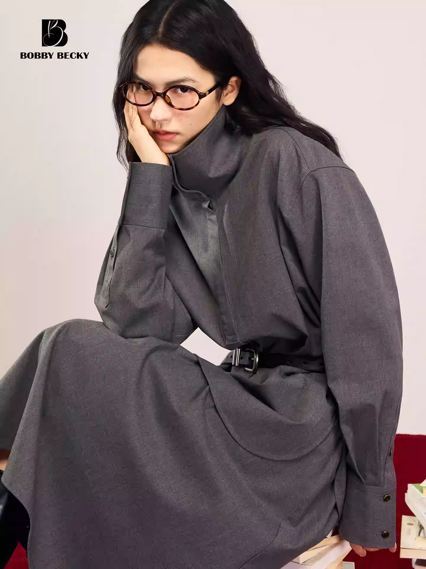 Retro minimalist woolen shirt with stand-up collar, versatile pleated woolen skirt