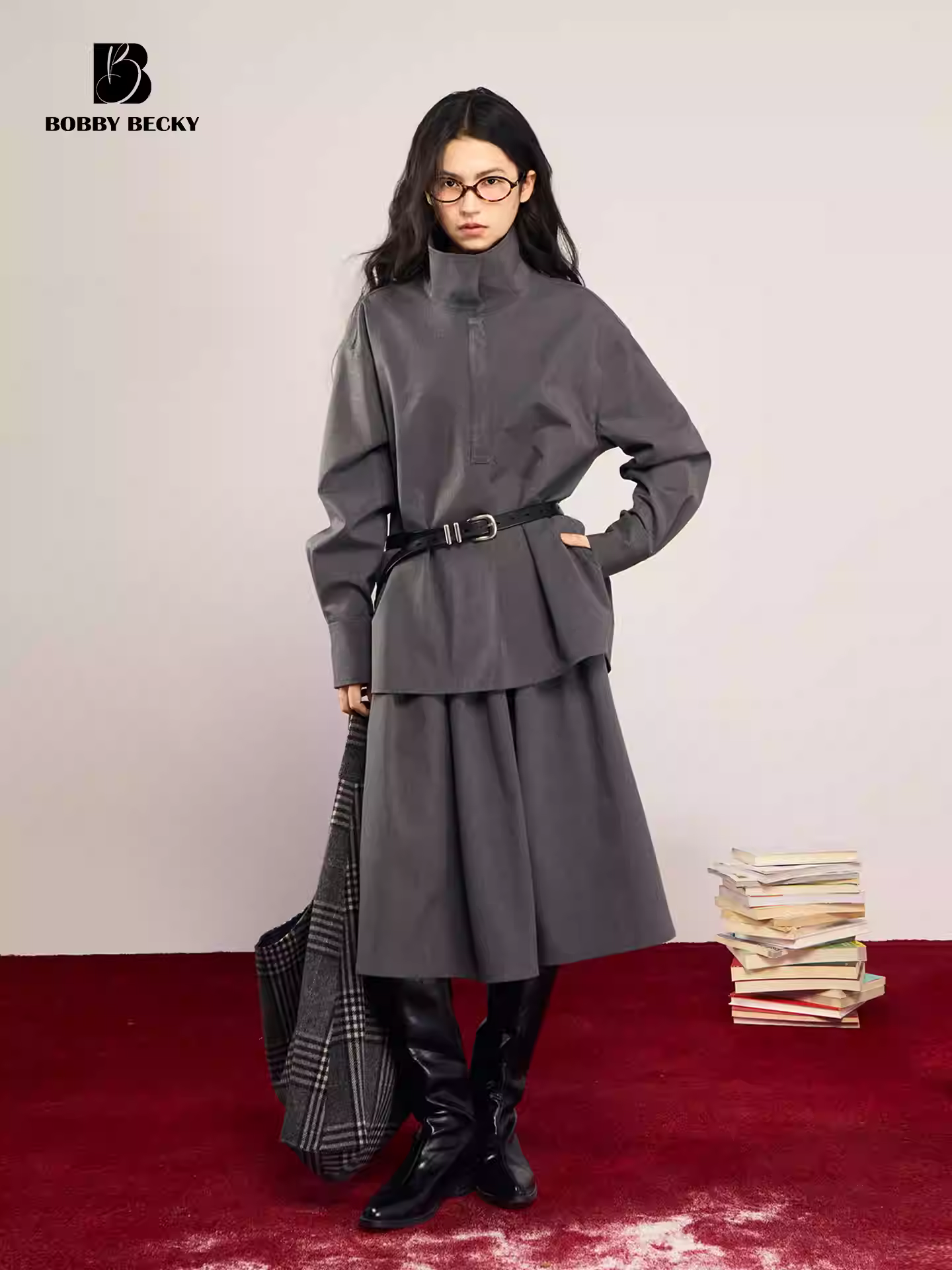 Retro minimalist woolen shirt with stand-up collar, versatile pleated woolen skirt