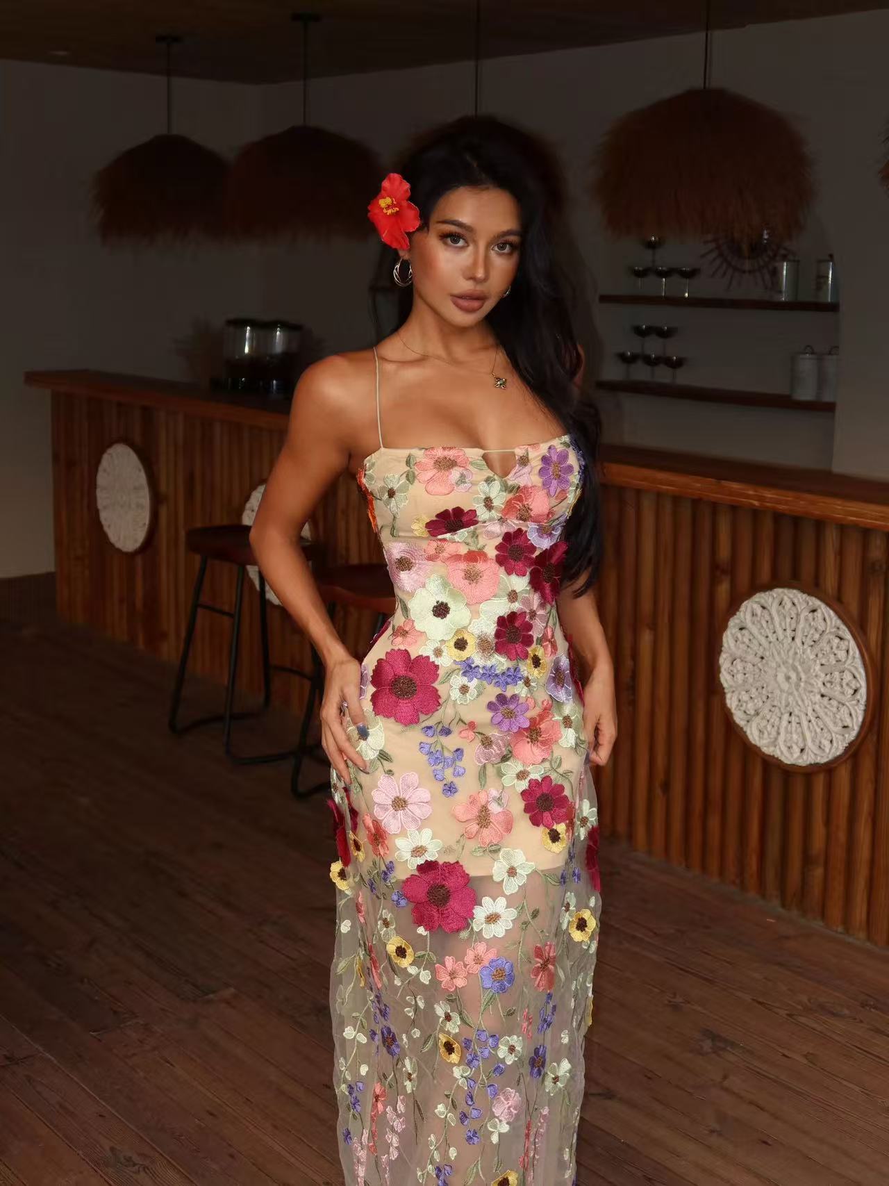 European and American hot girls wear detachable bra pads with 3D embroidered Monet garden dresses