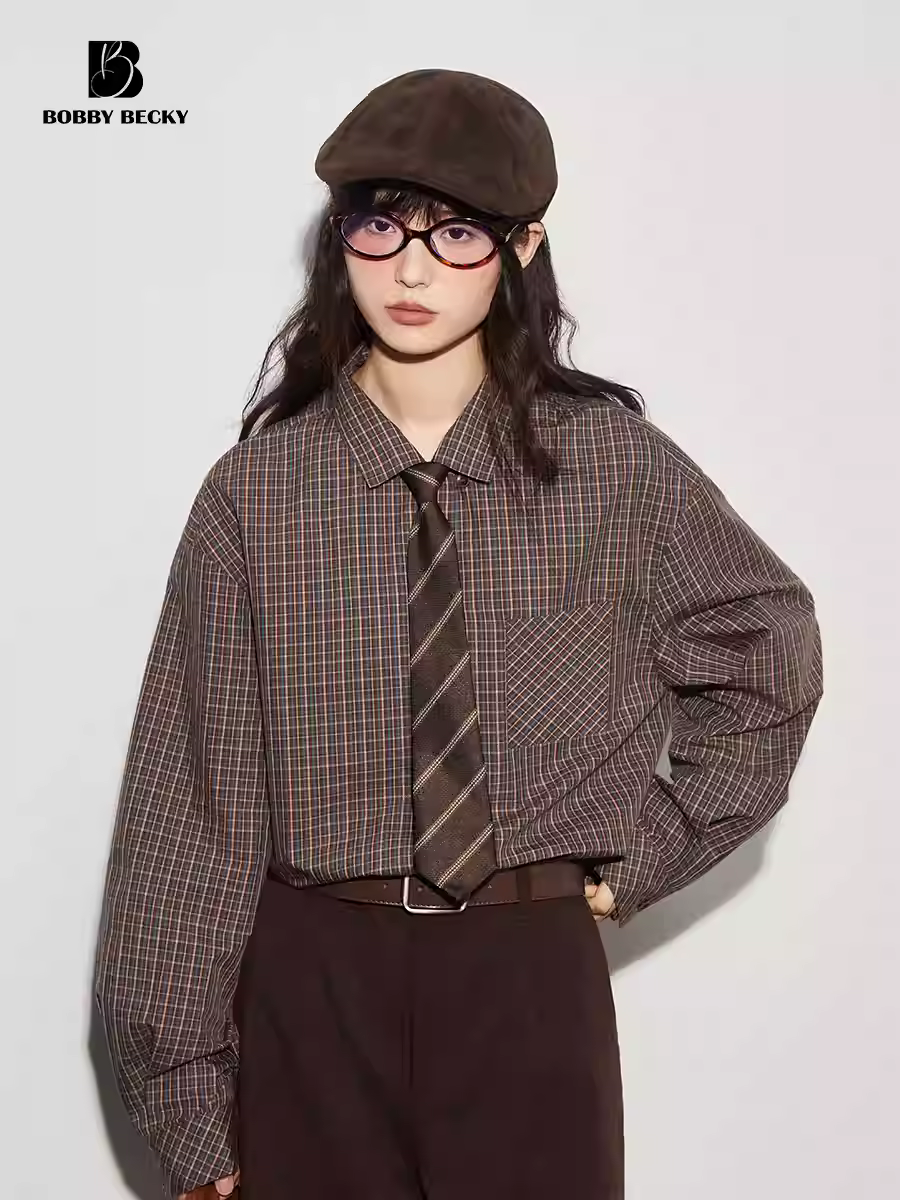 Retro, artsy H-shaped simple crew-neck cotton plaid shirt