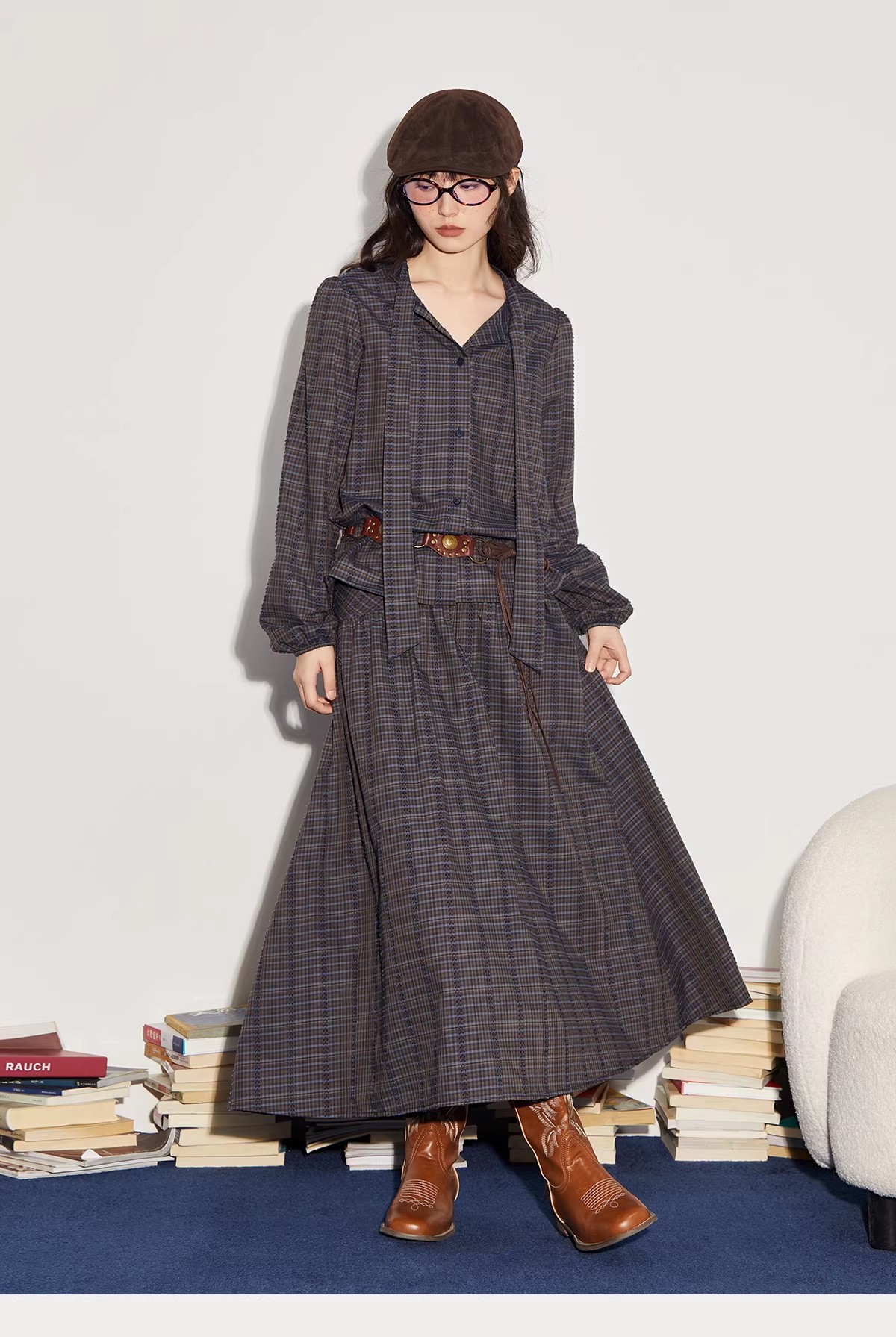Plaid elegant ruffle-sleeved ribbon shirt and high-quality flared long skirt autumn outfit