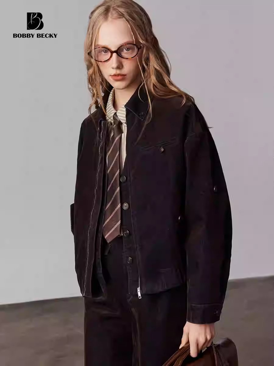 Flocked denim flight jacket, cutaway vest, classic five-pocket pants