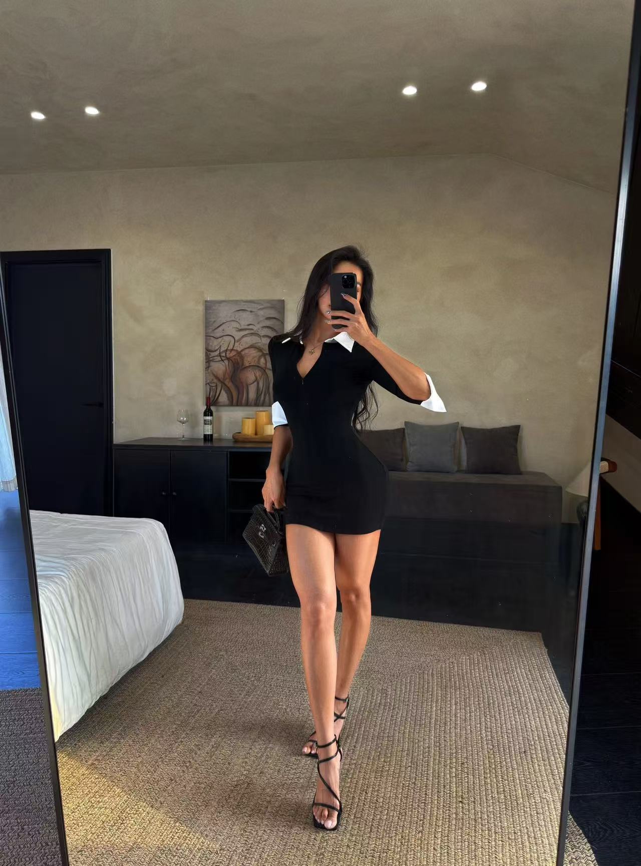 Hot girl shirt collar long sleeve fitted waistband skirting dress