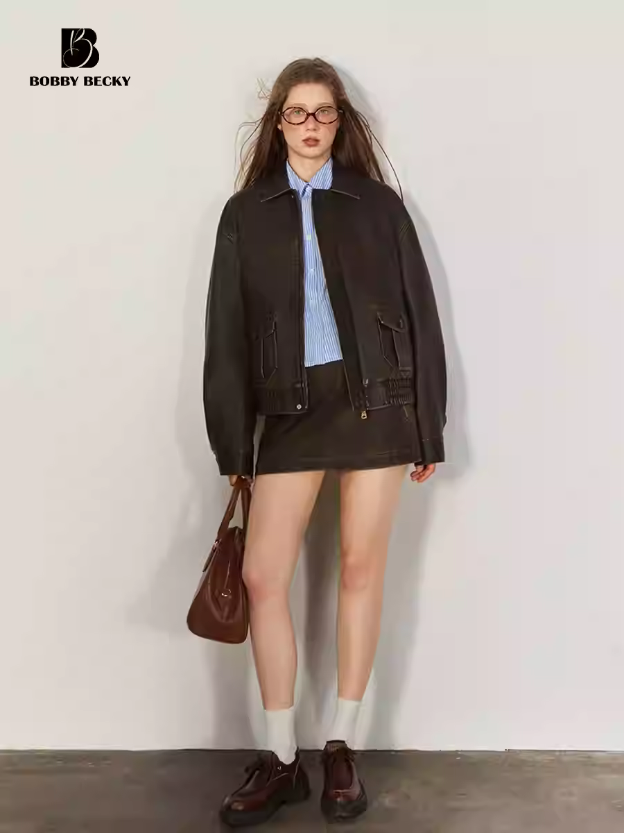 Wasteland windmill leather jacket, American retro jacket, PU slimming short skirt - feminine cute style