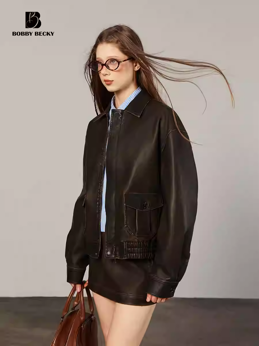 Wasteland windmill leather jacket, American retro jacket, PU slimming short skirt - feminine cute style