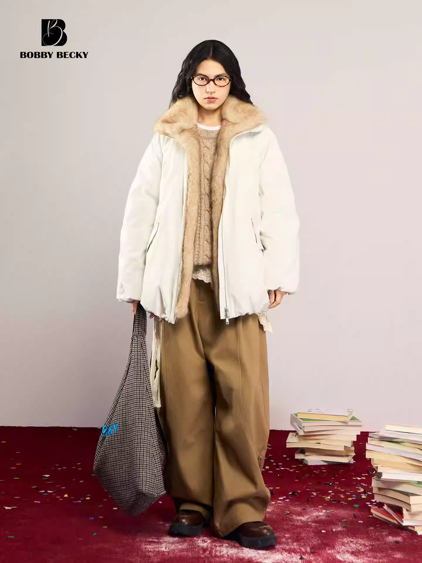 White down jacket with detachable fur collar, no odor, highly fluffy, detachable vintage cocoon shape