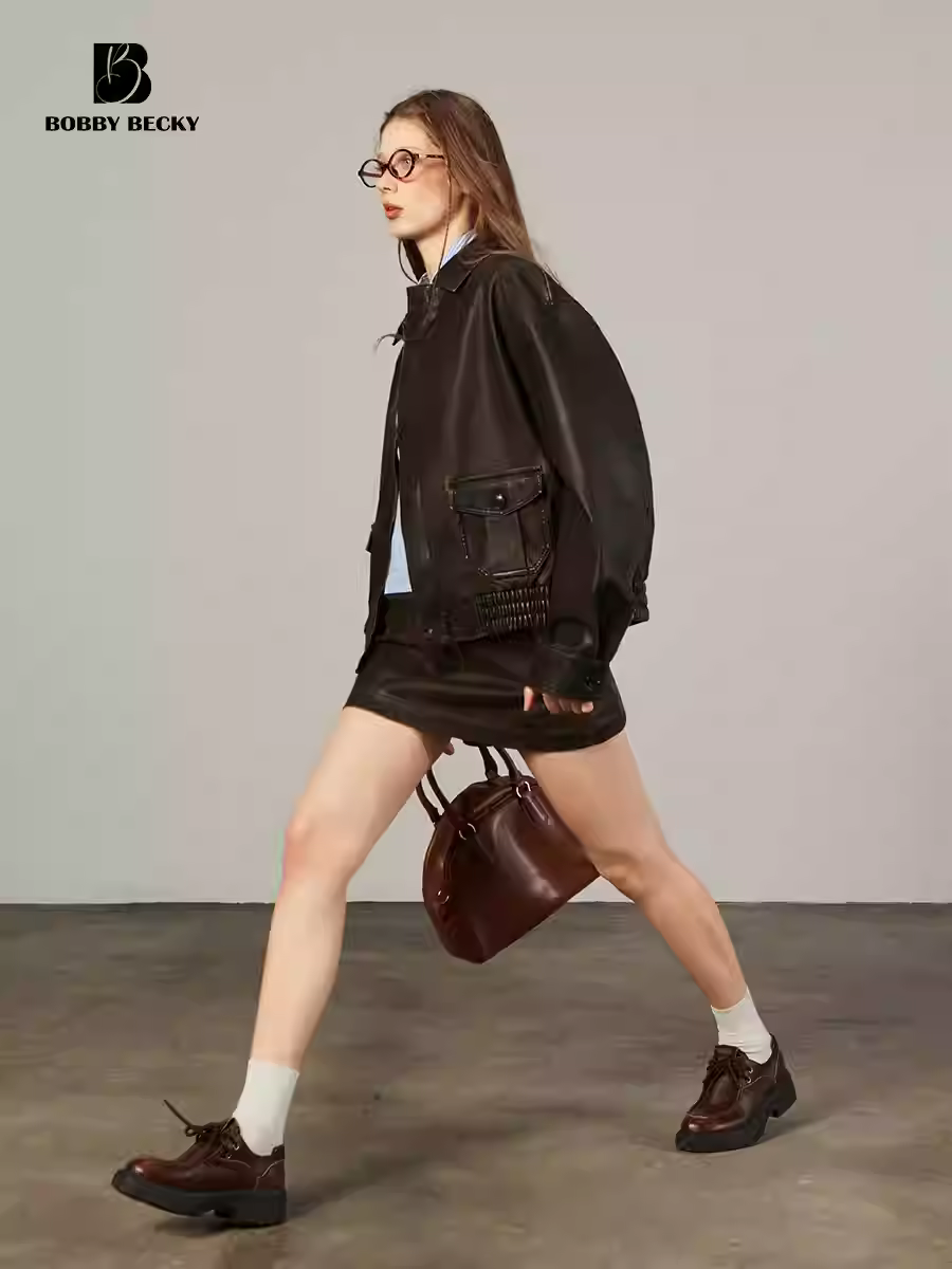 Wasteland windmill leather jacket, American retro jacket, PU slimming short skirt - feminine cute style