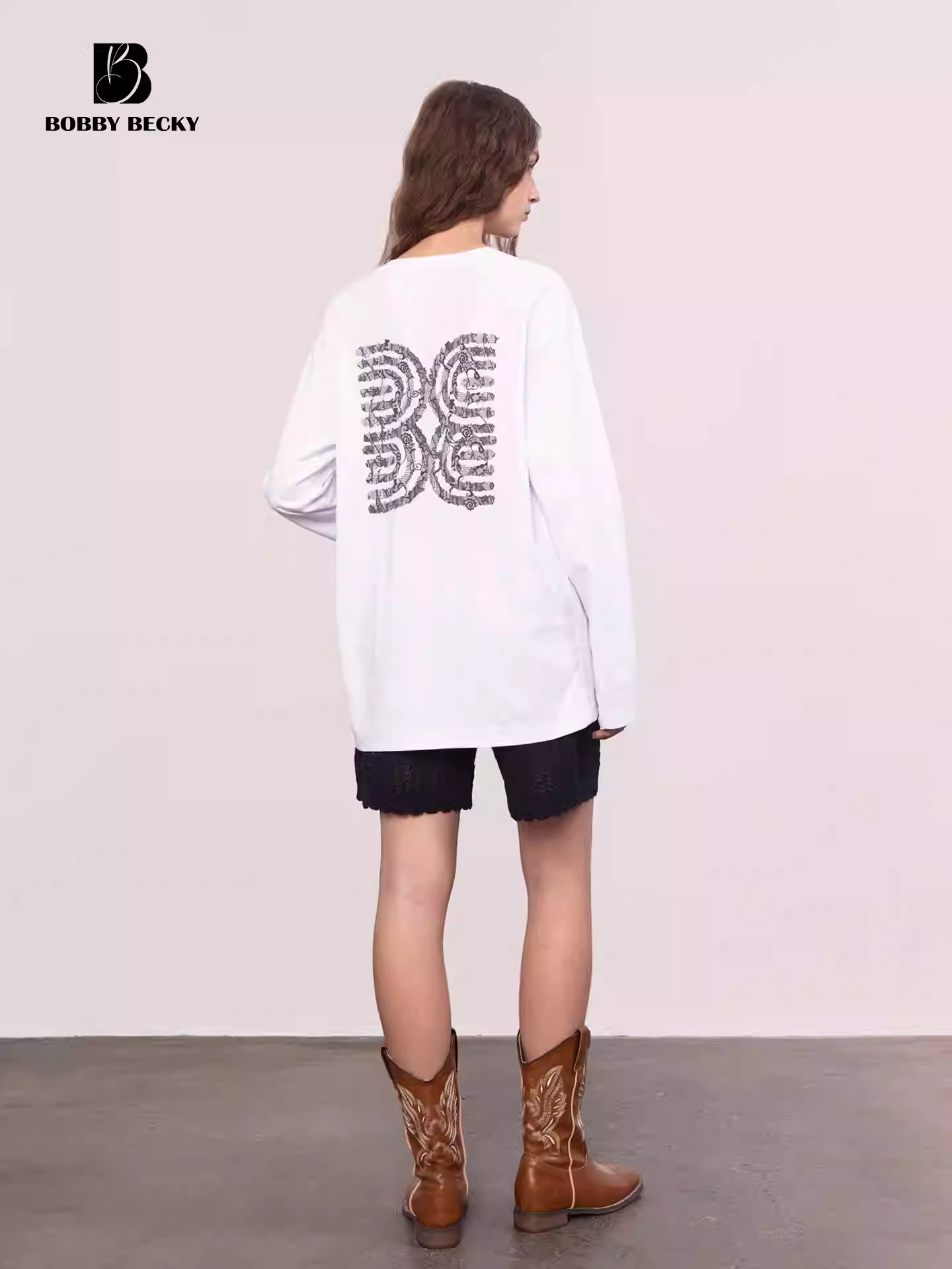 Cotton off-the-shoulder lace printed casual cool oversized long-sleeve T-shirt