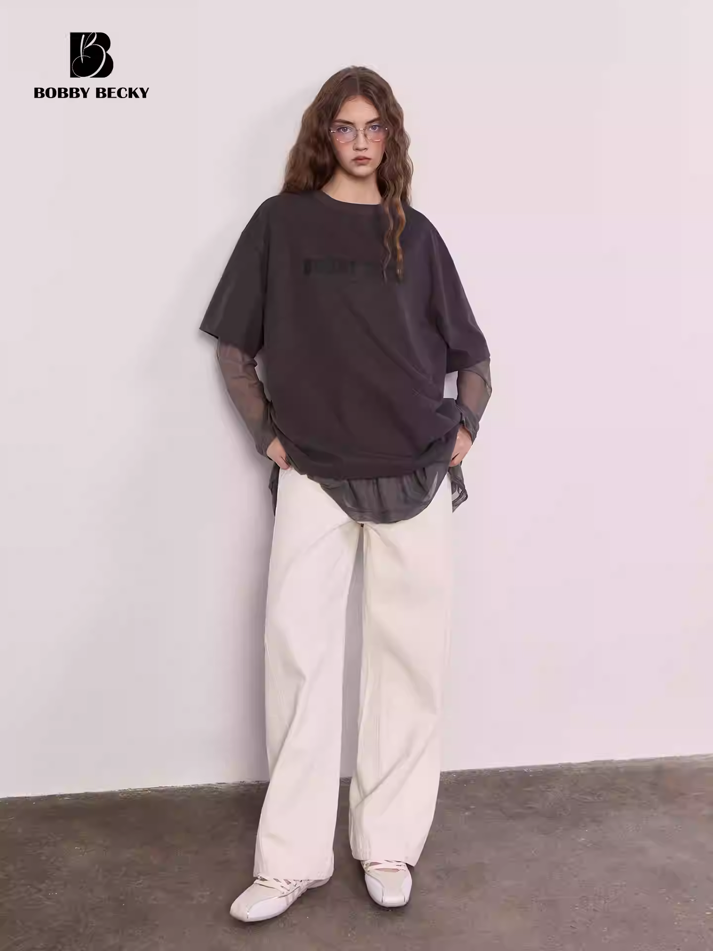 Retro, laid-back layered dress with mesh skirt hem and base layer - true two-piece set in pure cotton T-shirt