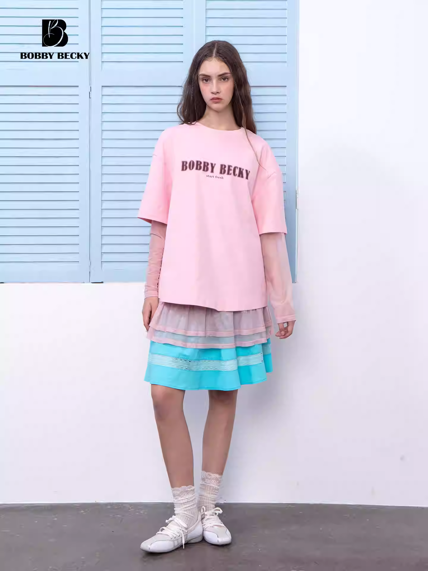 Retro, laid-back layered dress with mesh skirt hem and base layer - true two-piece set in pure cotton T-shirt