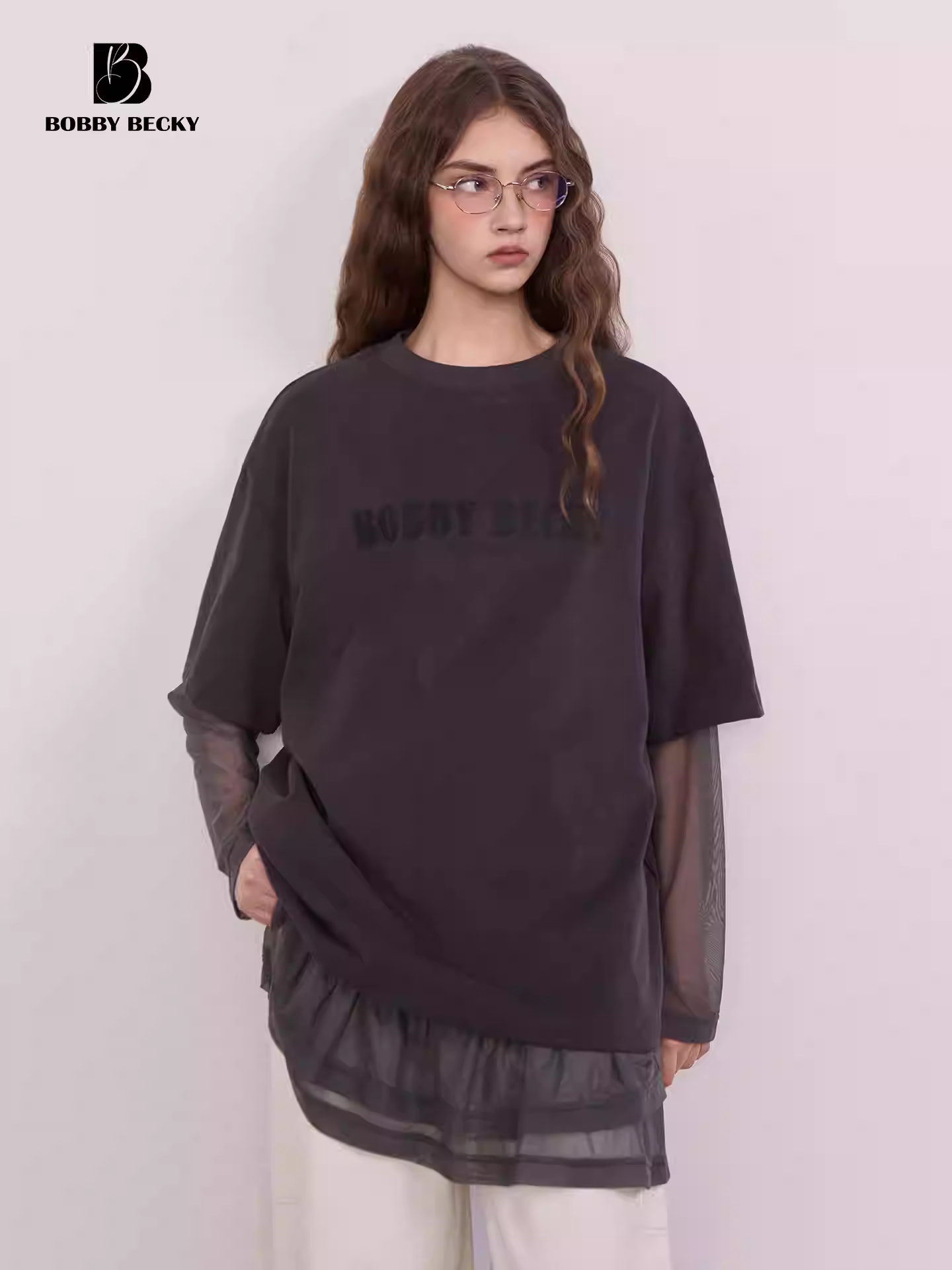 Retro, laid-back layered dress with mesh skirt hem and base layer - true two-piece set in pure cotton T-shirt