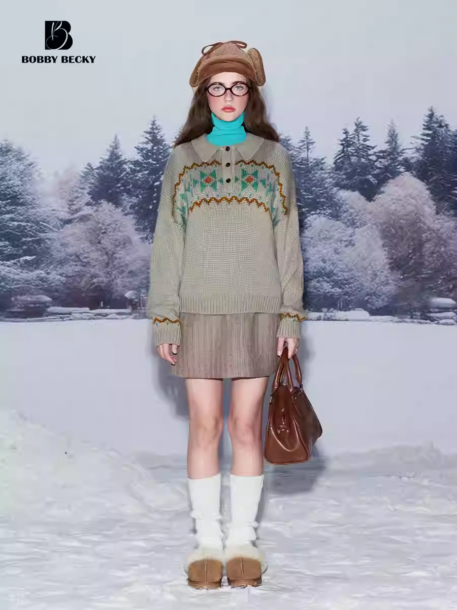 American Retro College Fair Isle Flower Christmas Atmosphere Original Embroidered Classic Polo Sweater