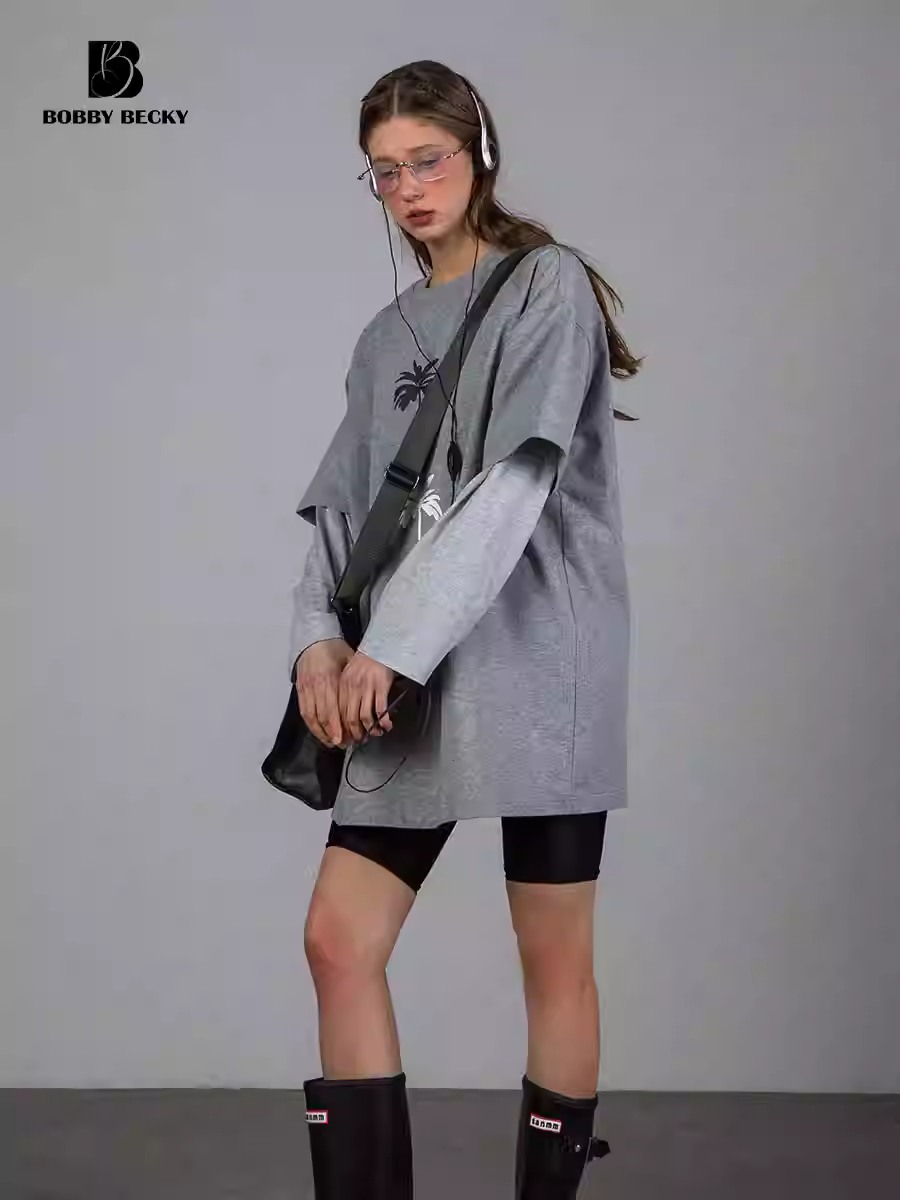 Stripped Cotton Short-Sleeve T-Shirt for Women, Heavyweight Medium-Long, Loose Fit, Palm Tree Pattern