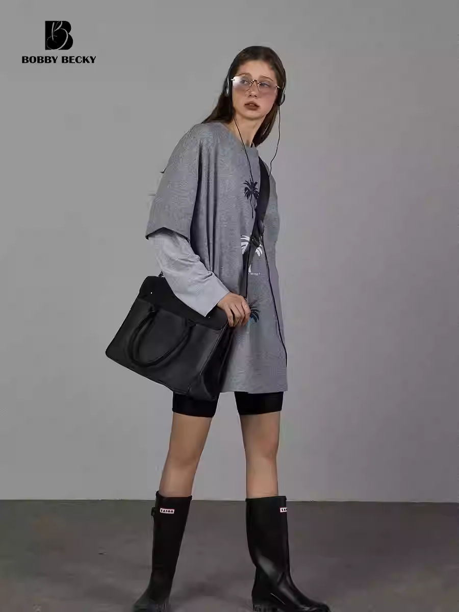 Stripped Cotton Short-Sleeve T-Shirt for Women, Heavyweight Medium-Long, Loose Fit, Palm Tree Pattern