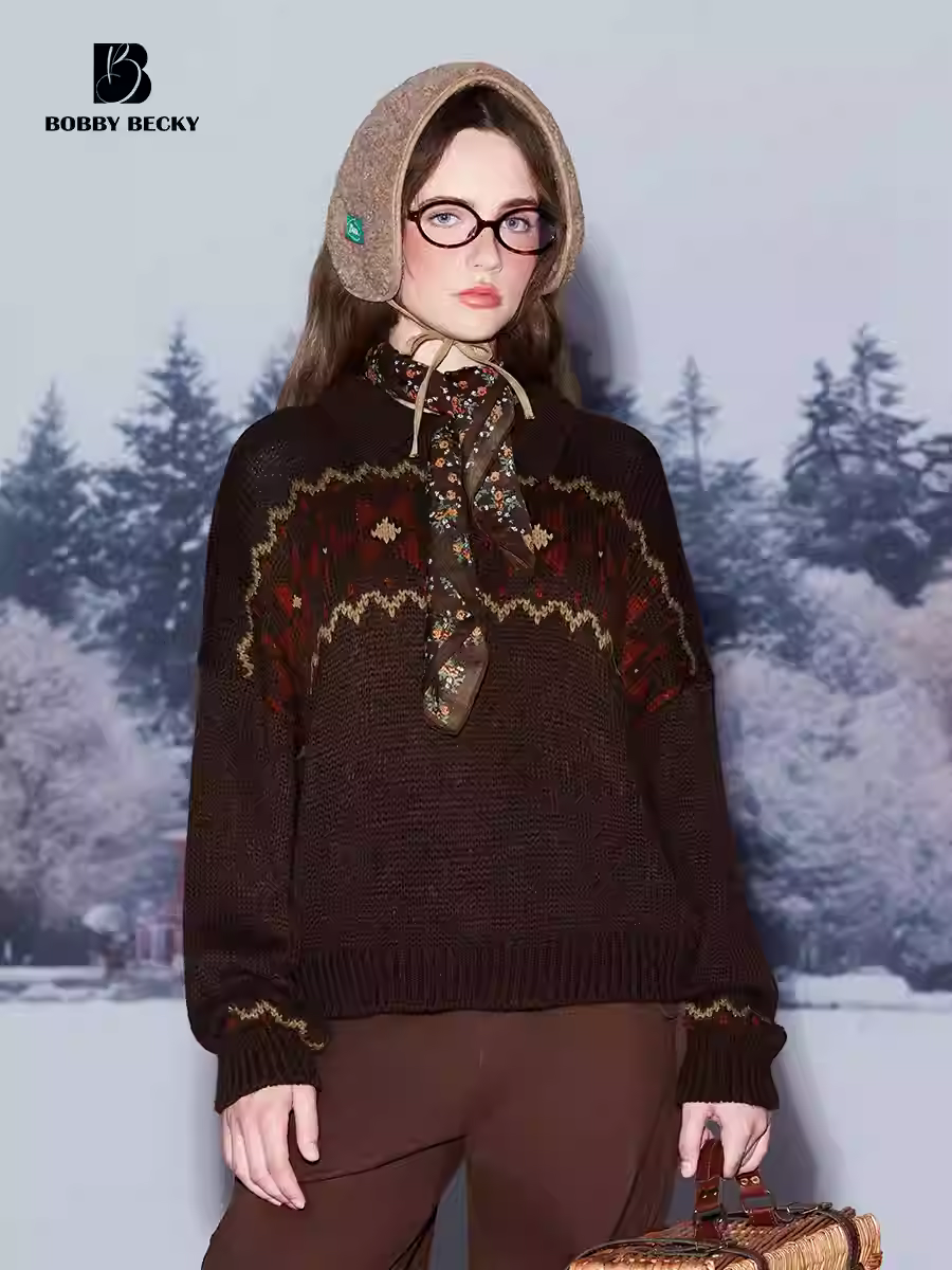 American Retro College Fair Isle Flower Christmas Atmosphere Original Embroidered Classic Polo Sweater