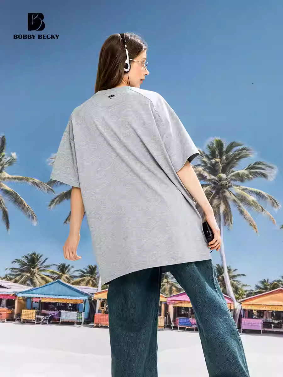 Stripped Cotton Short-Sleeve T-Shirt for Women, Heavyweight Medium-Long, Loose Fit, Palm Tree Pattern