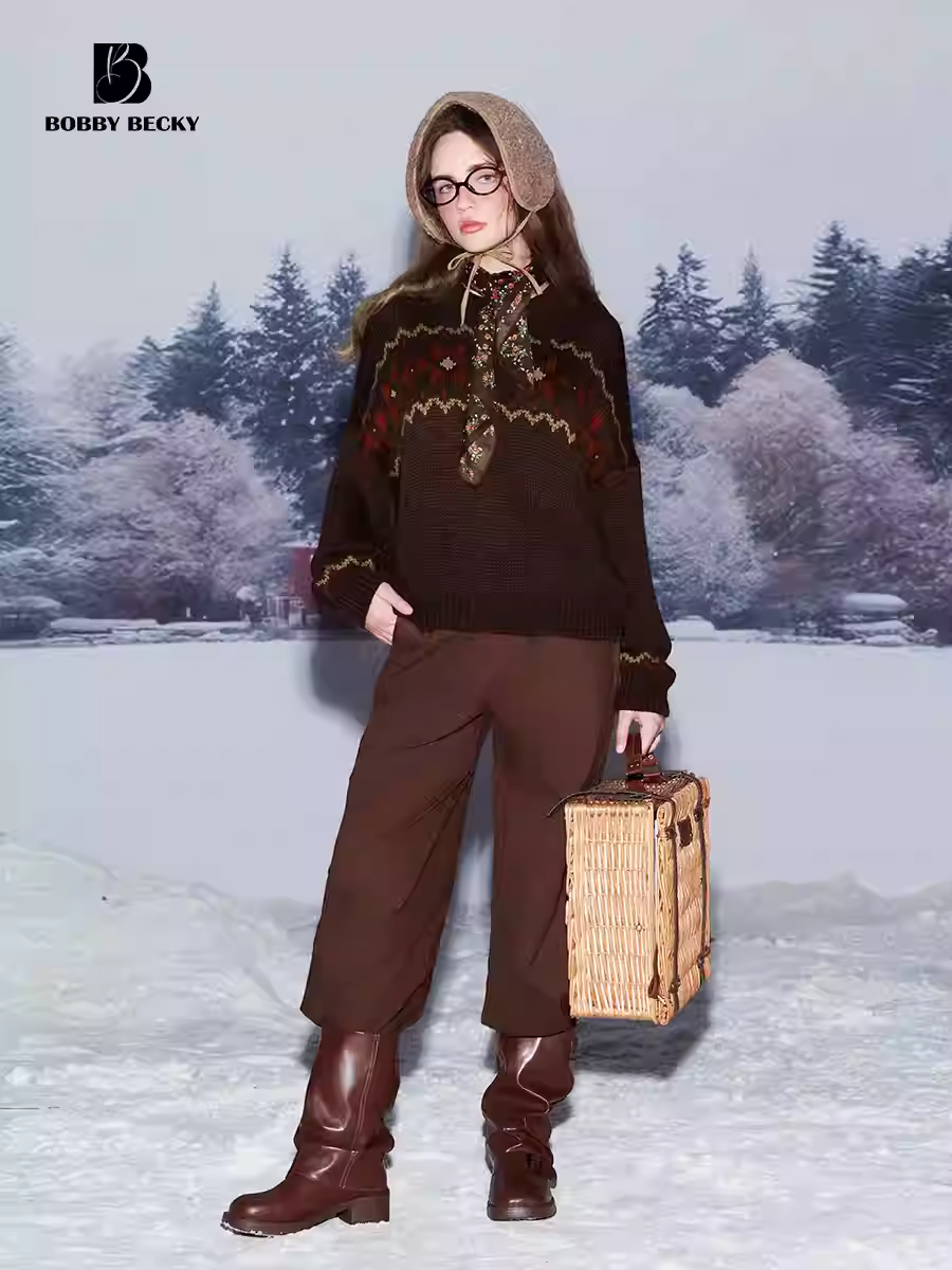 American Retro College Fair Isle Flower Christmas Atmosphere Original Embroidered Classic Polo Sweater